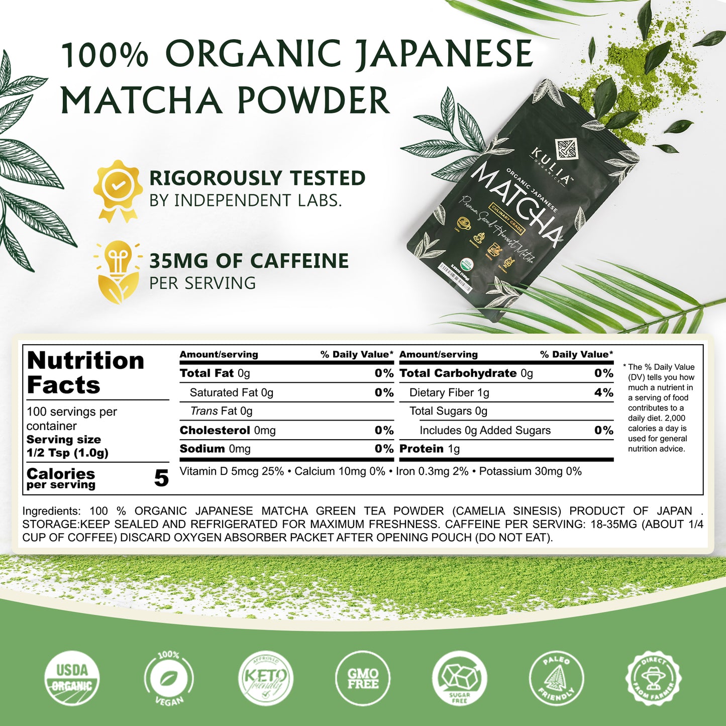 Matcha Powder Nutritional facts image with front image of matcha product